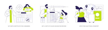 Çocuklar için resmi belgeler soyut konsept vektör çizimi seti. Yeni doğan için doğum belgesi, çocuk aşısı kayıtları, çocuk pasaportu, başvuru formu soyut metaforu al.
