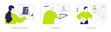 Elektronik oylama soyut konsept vektör illüstrasyonu seti. Elektronik oy kullanma makinesi kullanan vatandaşlar, çevrimiçi seçimler, posta oyları, seçmeli hükümet, postane, demokrasi soyut metaforu.