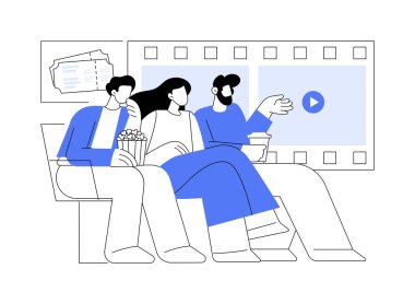 Film gecesi karikatür vektör çizimleri. Gece geç saatlerde sinemada mutlu üniversite öğrencileri, arkadaşlarıyla eğleniyorlar, ellerinde patlamış mısır tutuyorlar, kampüs dışında günlük aktivite çizimleri yapıyorlar..