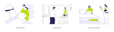 Konukseverlik endüstrisi soyut konsept vektör çizimi seti. Oda servisi, oda temizliği, otel yönetimi, otel odasında yatak yapmak, lüks tatil köylerinde konaklama, soyut metafor..