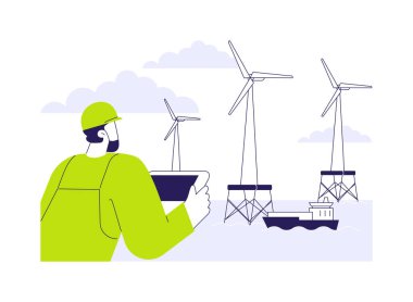 Offshore rüzgar enerjisi soyut konsept vektör çizimi. Açık deniz rüzgar türbini, ekoloji çevre endüstrisi, sürdürülebilir teknoloji, yenilenebilir enerji soyut metaforu araştıran mühendis..