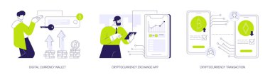 Kripto para birimleri uygulamaları soyut konsept vektör çizimi seti. Elektronik anahtarı elinde tutan kişi, şifreli döviz takas mobil uygulaması, ekran soyut metaforunda işlem süreci.