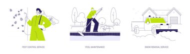 Özel ev bakımı konsept vektör çizimi seti. Haşere kontrolü, havuz bakımı, kar temizleme servisi, küf temizleme, kar temizleme makinesi, temizlik ve dezenfeksiyon soyut metaforu.
