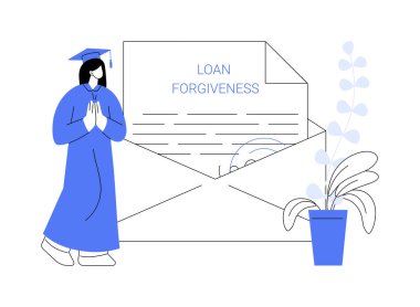 Kredi affı karikatür vektör çizimleri. Mutlu kız öğrenci kredisi bağışlama ve mali yardım alıyor, iyi haber, borç azaltma, ücretsiz üniversite eğitim vektörü karikatürü.