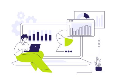 İş verileri soyut konsept vektör illüstrasyonu toplanıyor. Bilgi, istatistik ve rapor sektörü, ekranda diyagram, soyut bilgi uygulaması metaforu toplayan veri analisti.