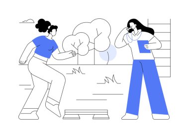 Kişisel eğitim programı karikatür vektör çizimlerini izole etti. Kişisel antrenör müşteriyle açık havada çalışır, sağlıklı ve aktif yaşam tarzı, vücut geliştirme süreci, spor bağımlılığı vektör karikatürü.