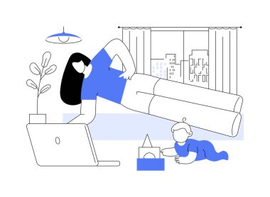 Doğum sonrası uygunluk karikatür vektör çizimleri. Genç anne bir çocukla evde eğitim görüyor, hamilelik sonrası iyileşme sürecinde, bebekle fitness yapıyor, fiziksel aktivite vektör karikatürü çiziyor..