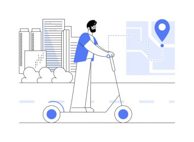 İzole edilmiş çizgi film çizim çizimlerine gidin. Kiralık elektrikli scooter kullanan mutlu bir adam, şehir yaşam tarzı, şehir ulaşımı, toplu taşıma vektör karikatürü.