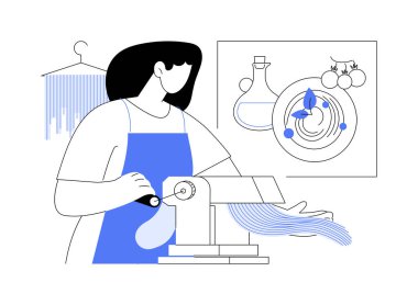 Makarna, karikatür vektör çizimleri yapıyor. Kadın makarna yapmayı öğreniyor, özel mutfak aletlerini kullanıyor, bir gün aşçılık atölyesi, ana sınıf, spagetti hazırlama karikatürü....
