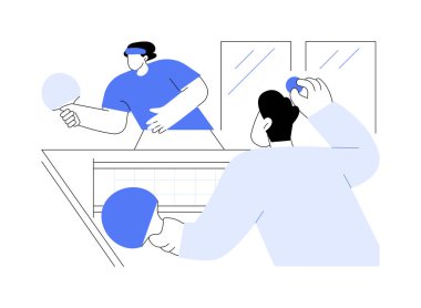 Masa tenisi karikatür vektör çizimleri. Mutlu üniversite öğrencileri masa tenisi, eğitim, arkadaşlarıyla spor, sağlıklı ve aktif yaşam tarzı vektör karikatürü oynuyorlar..