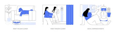 Ev robotları karikatür vektör çizimleri ayarlandı. Robotik elektrikli süpürge, otomatik pencere temizleyicisi, akıllı ev aletleri, sosyal arkadaş robotu, modern ev teknolojisi karikatürü..