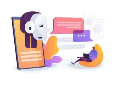 Al-Power Satış Chatbot Yardımı soyut konsept vektör çizimi. Satışlar. Yapay zeka sohbet robotları potansiyel müşterilere ürün bilgileri ve FAQ 'lar sağlıyor. AI Teknoloji. soyut metafor.