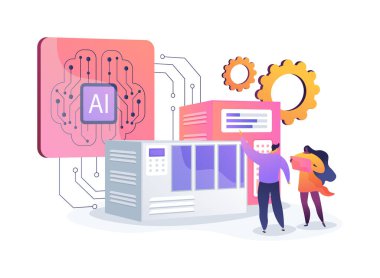 AI-optimize Öngörü Bakımı soyut konsept vektör illüstrasyonu. Üretim. Yapay zeka veri analizi ile ekipman bakım gereksinimleri öngörülüyor. AI Teknoloji. soyut metafor.
