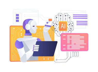 AI destekli Robotik ve Otomasyon soyut konsept vektör çizimi. Üretim. Yapay zekaya sahip robotların entegrasyonu, üretim sürecinin otomasyonu. AI Teknoloji. soyut metafor.