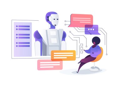 El-Akımlı Müşteri Desteği soyut konsept vektör illüstrasyonu. E-ticaret. Müşteri sorularına yapay zeka sohbet robotları ve sanal asistanlar aracılığıyla cevap verin. AI Teknoloji. soyut metafor.