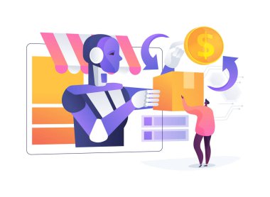 AI destekli Dönüş ve Soyut konsept vektör illüstrasyonunun iadesi. E-ticaret. Otomatik dönüş ve geri ödeme işlemi. Al Technology ile online alışveriş. soyut metafor.