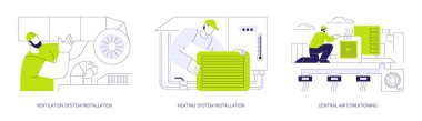 HVAC kurulum soyut konsept vektör illüstrasyon seti. Havalandırma ve ısıtma sistemi kurulumu, merkezi havalandırma, ticari yapı, HVAC mühendisi soyut metafor.
