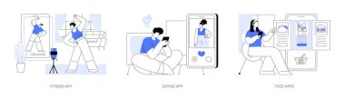 Yaşam tarzı mobil uygulamalar izole edilmiş çizgi film vektör çizimleri. Formda kadın eğitimi için form uygulaması kullanılıyor, erkek flört uygulamasında fotoğraf çekiyor, akıllı telefon vektör karikatürü ile yemek sipariş ediyor..