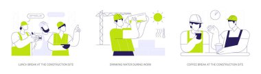 Günlük inşa rutini soyut konsept vektör çizimi seti. İnşaat alanında öğle yemeği molası, iş sırasında su içmek, kahve molası, müteahhitlerin soyut metaforları birlikte yemesi..