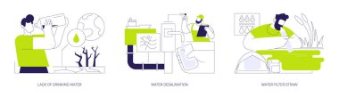 Drinking water purification abstract concept vector illustration set. Lack of drinking water, reverse osmosis desalination, water filter straw, glass of pure aqua, sanitation abstract metaphor.