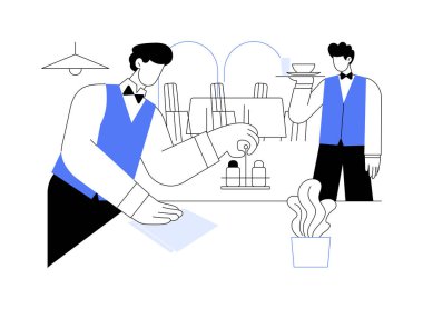 Restoran rutini karikatür vektör çizimleri. İş günü, hizmet sektörü, horeca endüstrisi, restoran işçileri, kafe rutin vektör karikatürü için hazırlanan bir grup garson..