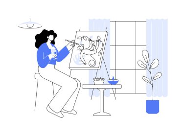 İç ve karikatür vektör çizimleri çiz. Şarap içen ve renk paleti tutan bir kadın, yüksek lisans sınıfı, sanat terapisi, hafta sonu atölyesi, bir günlük kurs karikatürü..
