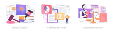 Hukuk Hizmetleri 'ndeki yapay zeka soyut konsept vektör çizimi seti. AI-Destekli Hukuki Araştırmalar, dava hukuku ve tüzükleri, Yapay Zeka Destekli Sözleşme Analizi, El-Güçlendirilmiş Tahminsel Analitik Benzetme.