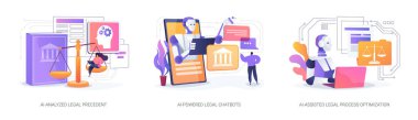 Yargı sistemindeki yapay zeka soyut konsept vektör çizimi seti. El-Analizli Hukuki Önyargı, El-Güç Hukuki Chatbotlar, El-Destekli Hukuki Süreç İyimserleştirme, bilgi yönetimi soyut metaforu.
