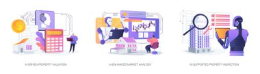 Gayrimenkul 'deki Al Technology soyut konsept vektör çizimi seti. Al-Driven Özellik Değerlendirmesi, El-Geliştirilmiş Pazar Analizi, yatırım fırsatları, Özellik Denetleme soyut metaforu.