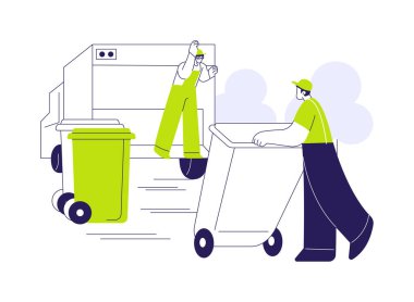 Kentsel atık toplama soyut konsept vektör çizimi. Çeşitli işçiler çöp tenekesini kamyona, ekoloji endüstrisine, kentsel atık yönetimi soyut metaforuna yüklüyorlar..