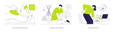 Ağrı tıbbı soyut konsept vektör çizimi seti. Soğuk ve sıcak ağrı kesici, terapi masajı, ilaç kullanımı, tıbbi yama, kronik hastalık, ilaç pazarı soyut metaforu.