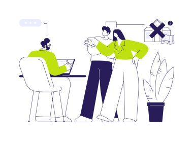 Ev kaybı ödemeleri soyut konsept vektör çizimi. Mutsuz, yerlerinden edilmiş kiracılar tazminat talep ediyor, hükümet temsilcisi, bürokrasi sektörü, gayrimenkul soyut metaforu ile görüşüyorlar.