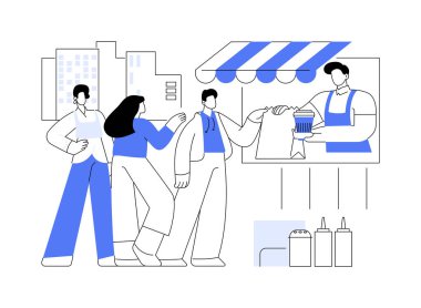 Popüler fast food karikatür vektör çizimleri. Yemek kamyonu, servis sektörü, horeca işi, lezzetli abur cubur vektör çizgi filmi yemek için sırada bekleyen bir grup insan..