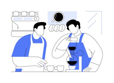 Barista karikatür vektör çizimleri eğitiyordu. Profesyonel barista yeni bir işçiyi eğitiyor, özel kahve yapıyor, horeca işi, servis sektörü, sıcak espresso vektör karikatürü..