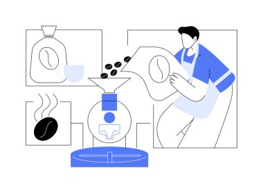 Kahve büfesi karikatür vektör çizimlerini izole etti. Barista özel kahve, servis sektörü, horeca işi, doldurucuların içine düşen fasulyeler, güzel kokulu koku, espresso bar vektör karikatürü..