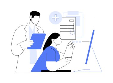 Tıbbi ofis yönetimi karikatür vektör çizimlerini izole etti. Eczacı, genç üniversite öğrencilerine eğitimi sırasında yardım ediyor. Tıp yönetimi vektör karikatüründe çalışan kız..