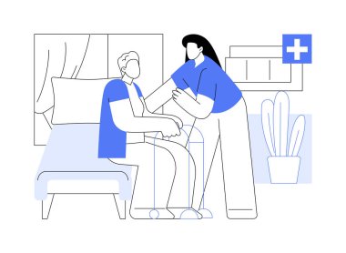 Temel hastaya izole edilmiş karikatür vektör çizimleri gerekiyor. Üniversiteli bir kız, yaşlı bir kadının yürümesine yardım ediyor, mesleki tıp fakültesi, teknik beceriler, hastanın vektör karikatüre ihtiyacı olduğunu anlıyor..