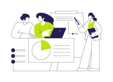 Hissedarlarla tanışın soyut konsept vektör çizimi. Hissedarlar, bilişim şirketi, markalaşma stratejisi geliştirme, işbirliği süreci ve soyut metaforla konuşan iş analisti.