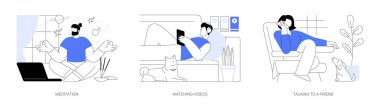 Boş zaman izole çizgi film vektör çizimleri ayarlandı. Adam dizüstü bilgisayarın önünde meditasyon yapıyor, Lotus pozu veriyor, meditasyon yapıyor, internetten video izliyor, akıllı telefon vektör karikatürü olan bir kadınla konuşuyor..
