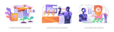 Modern tarımda yapay zeka soyut konsept vektör çizimi seti. AI-Güçlü Sulama Yönetimi, toprak nemi, El-Destekli Tgri-Teknoloji Geliştirmesi, El-Veri güdümlü Ekin Sigortası soyut metaforu.