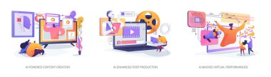 AI Teknoloji in Entertainment soyut konsept vektör çizimi seti. Yapay Güçlü İçerik Yaratıcılığı, Yapay Zeka Geliştirme Yapımı, Özel efektler, Yapay Destekli Sanal Performanslar soyut metafor.