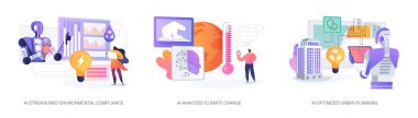 Çevre Yönetimi soyut konsept vektör illüstrasyon seti için yapay zeka araçları. El-Akımlı Çevre Uyumluluğu, El-Analiz İklim Değişikliği, El-İyimser Kentsel Planlama soyut metaforu.