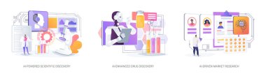 Araştırma ve Geliştirme 'de yapay zeka soyut konsept vektör çizimi. AI-Güçlü Bilimsel Keşif, Tıp ve Bilim, Yeni Uyuşturucu Keşfi ve Analizi, Pazar Araştırması soyut metaforu.