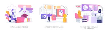 AI in scientific project abstract concept vector illustration set. AI-Streamlined Lab Processes, AI-Predictive Research Funding, AI-Enabled Cross-Disciplinary Collaboration abstract metaphor. clipart