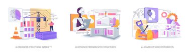 AI in building abstract concept vector illustration set. AI-Enhanced Structural Integrity, AI-Designed Prefabricated Structures, AI-Driven Historic Restoration, materials analysis abstract metaphor. clipart