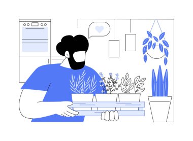 Büyüyen aromatik otlar karikatür vektör çizimlerini izole etti. Evde aromatik bitki yetiştiren genç bir adam, bahçıvanlık hobisi, bitki yetiştirme hocası, aktivite vektörü çizgi filmindeki eller..