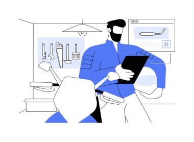 Motosiklet parçaları, izole edilmiş vektör çizimleri aranıyor. Genç motorcu elinde tablet, motosiklet parçaları arıyor. Garajda oturan adam, internet mağazası arama vektör karikatürü..