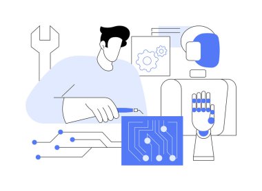 Robot elektroniği montajı karikatür vektör çizimlerini izole etti. İnsan robot yapımı ile ilgilenir, mikroçip taşır, mühendislik süreci, insan yaşam tarzı, aktivite vektörü karikatürüne el atar..