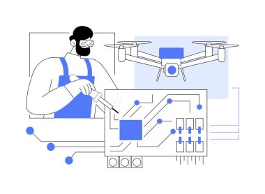 Drone karikatür vektör çizimleri yapıyor. Genç adam helikopter parçaları montajı, robot eller aktivitede, profesyonel insansız hava aracı oluşturma, uçan hava kamerası vektör karikatürü.