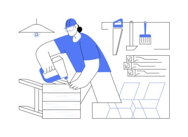 DIY mobilya izole çizgi film vektör çizimleri. Ev yapımı mobilya yapmak için matkapla çalışan adam, DIY ahşap masa oluşturma kursu, en sevdiği hobi, aktivite vektörü çizgi filmindeki eller..
